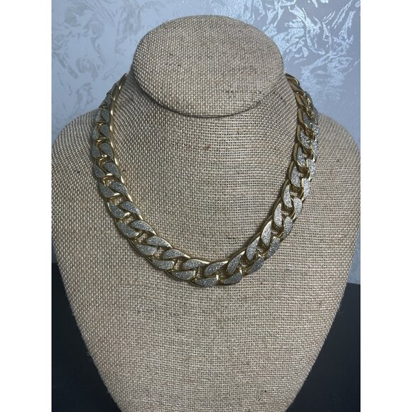 Chunky Gold Tone Cuban Link Chain Necklace Glitter Accents Statement Jewelry - Picture 1 of 4
